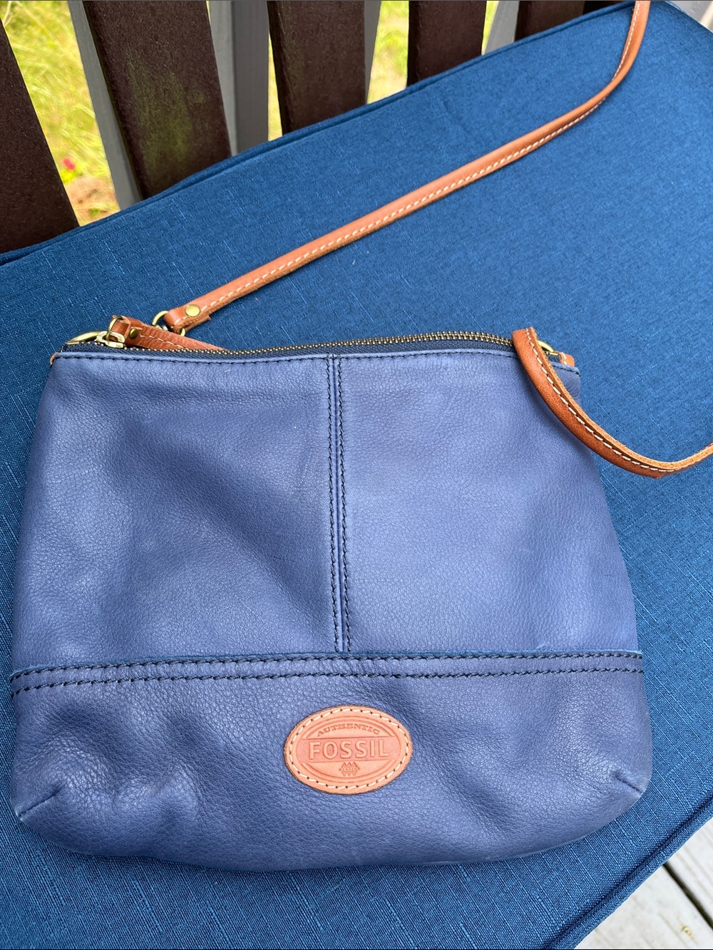 Fossil Blue Leather Crossbody with Tan Strap
